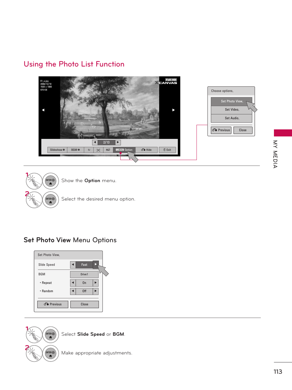 Using the photo list function, Set photo view menu options, My m ed ia | LG 55LX9500 User Manual | Page 113 / 218