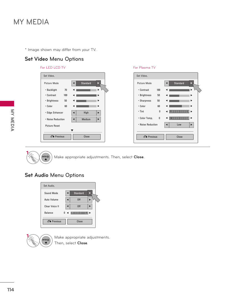 My media, Set video menu options set audio menu options, My m ed ia | LG 55LX9500 User Manual | Page 114 / 218
