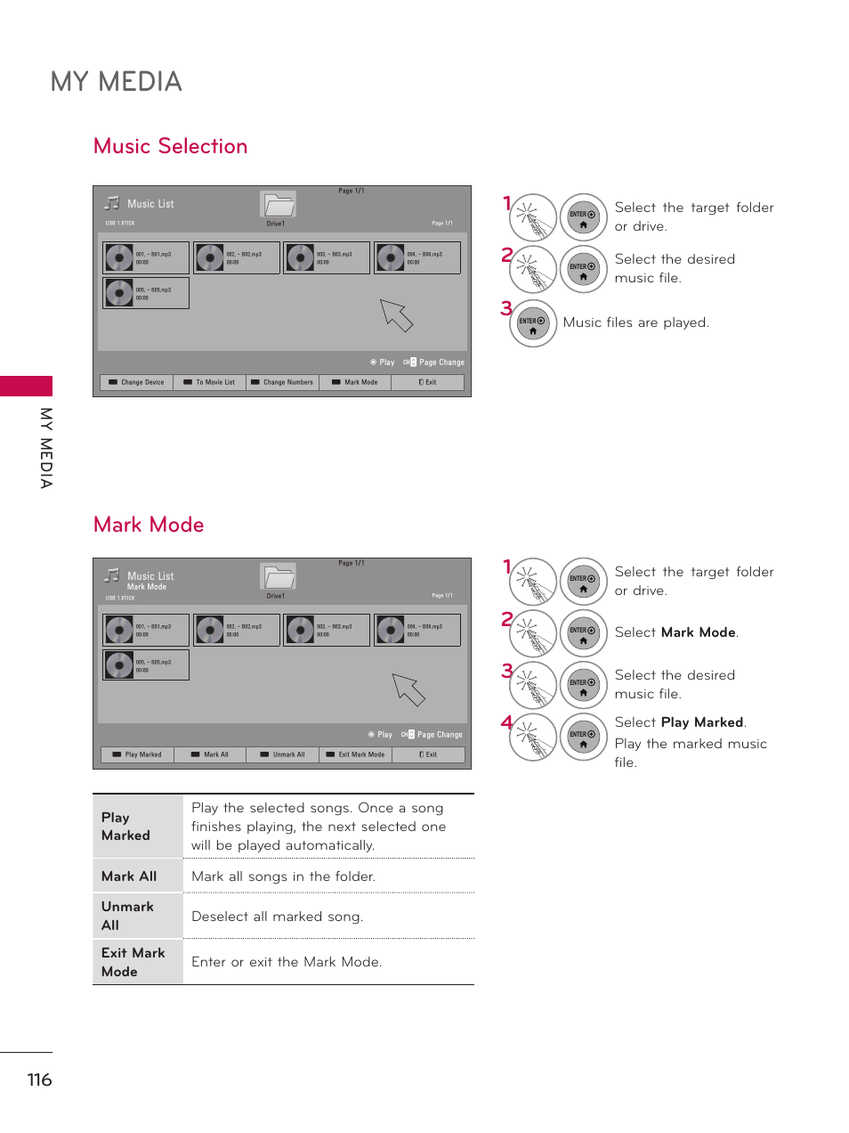 Music selection, Mark mode, My media | Music selection mark mode, My m ed ia | LG 55LX9500 User Manual | Page 116 / 218