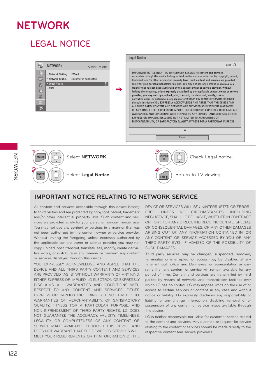 Network, Legal notice, Important notice relating to network service | LG 55LX9500 User Manual | Page 122 / 218