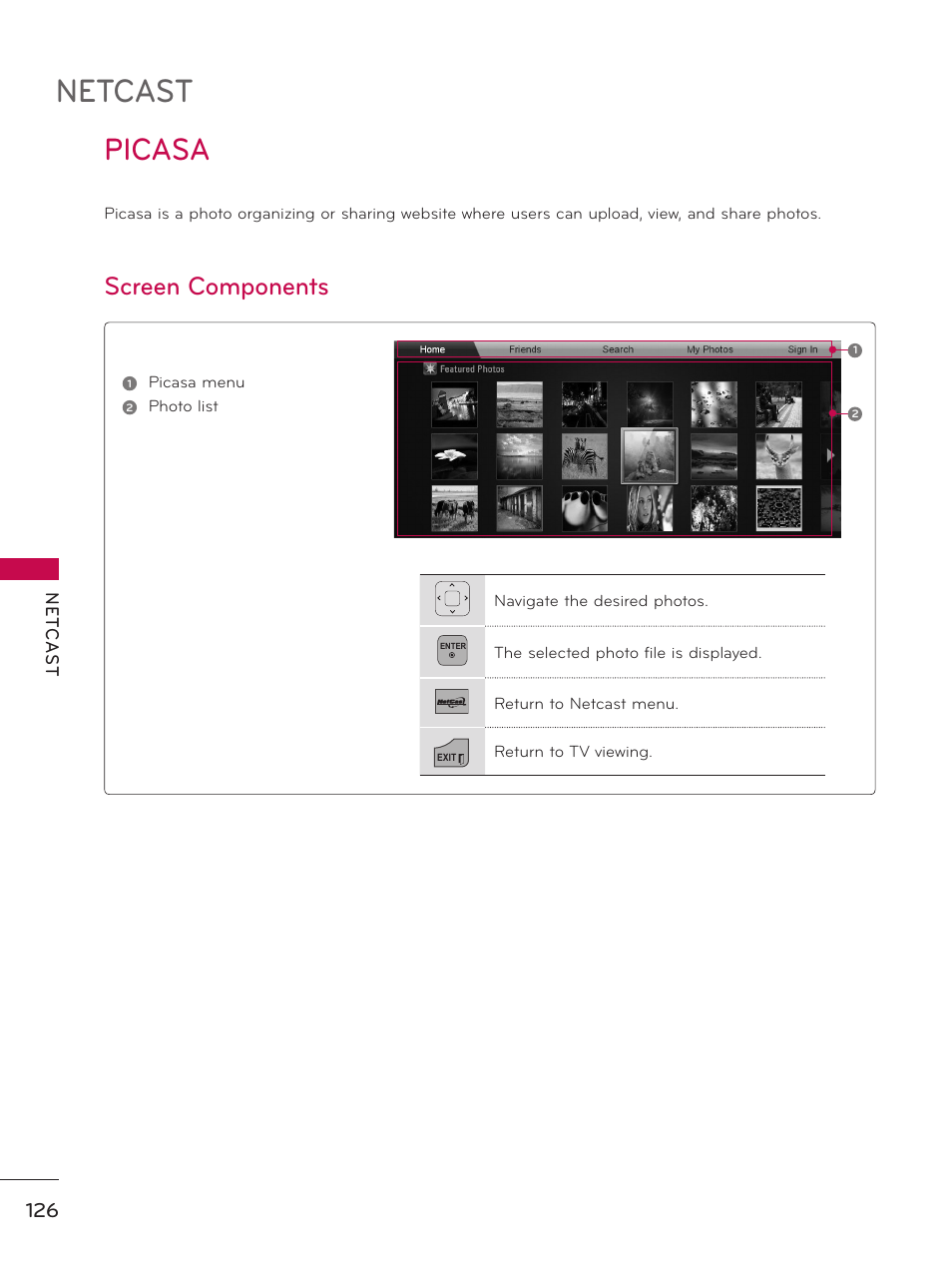 Picasa, Netcast, Screen components | LG 55LX9500 User Manual | Page 126 / 218