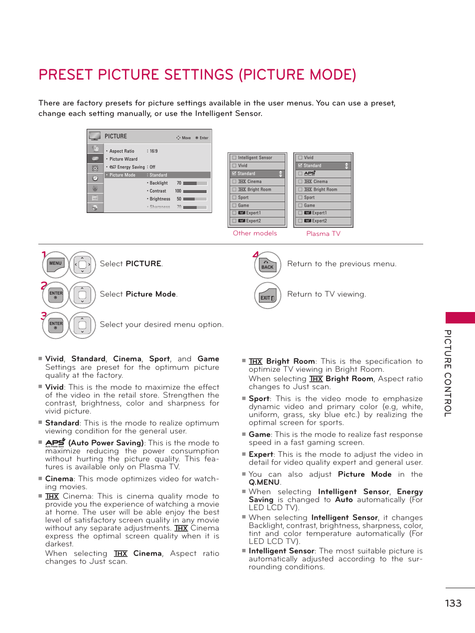 Preset picture settings (picture mode) | LG 55LX9500 User Manual | Page 133 / 218
