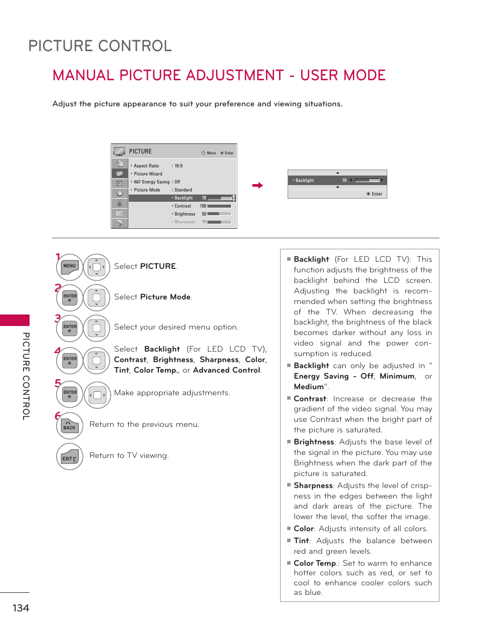 Manual picture adjustment - user mode, Picture control | LG 55LX9500 User Manual | Page 134 / 218