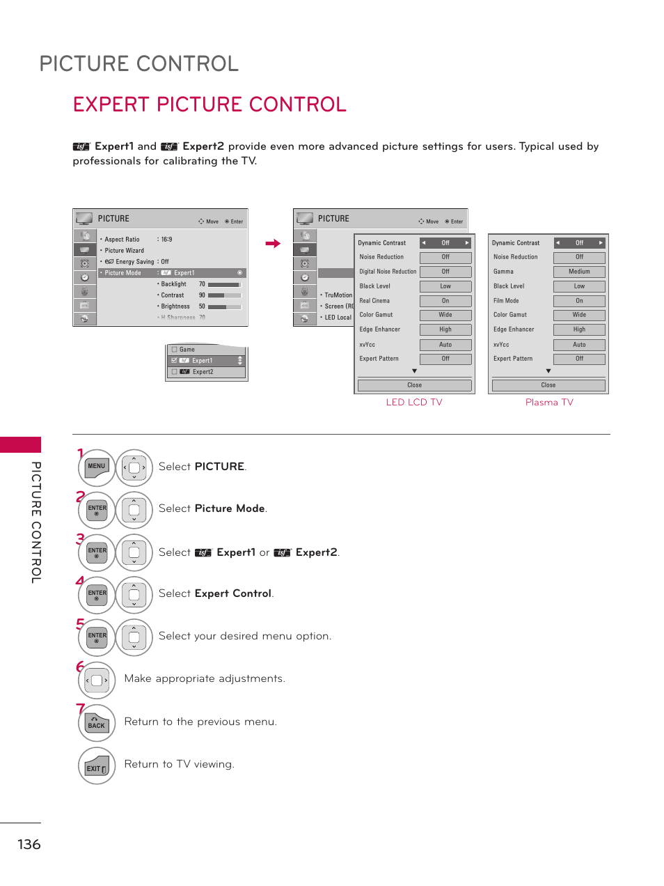 Expert picture control, Picture control, Select picture | Select picture mode, Select ꕋ expert1 or ꕋ expert2, Select expert control, Select your desired menu option, Make appropriate adjustments, Return to the previous menu, Return to tv viewing | LG 55LX9500 User Manual | Page 136 / 218