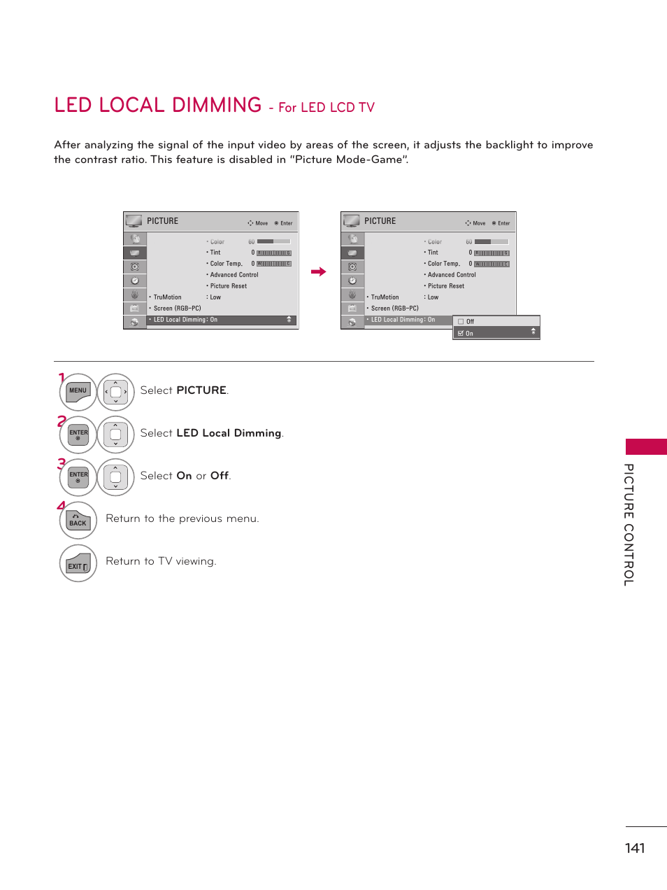 Led local dimming - for led lcd tv, Led local dimming, For led lcd tv | LG 55LX9500 User Manual | Page 141 / 218