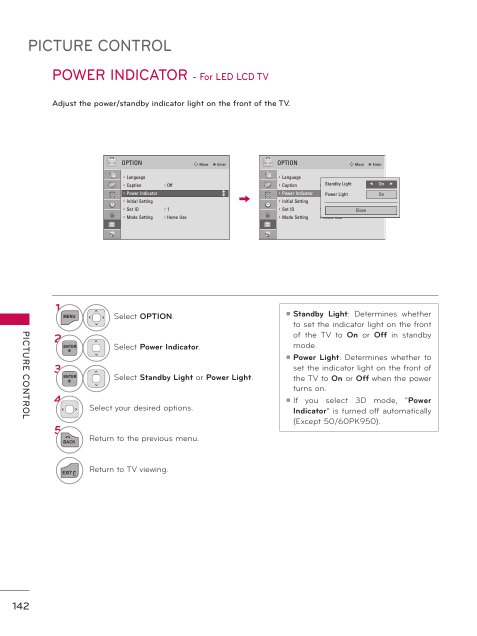 Power indicator - for led lcd tv, Picture control, Power indicator | For led lcd tv | LG 55LX9500 User Manual | Page 142 / 218