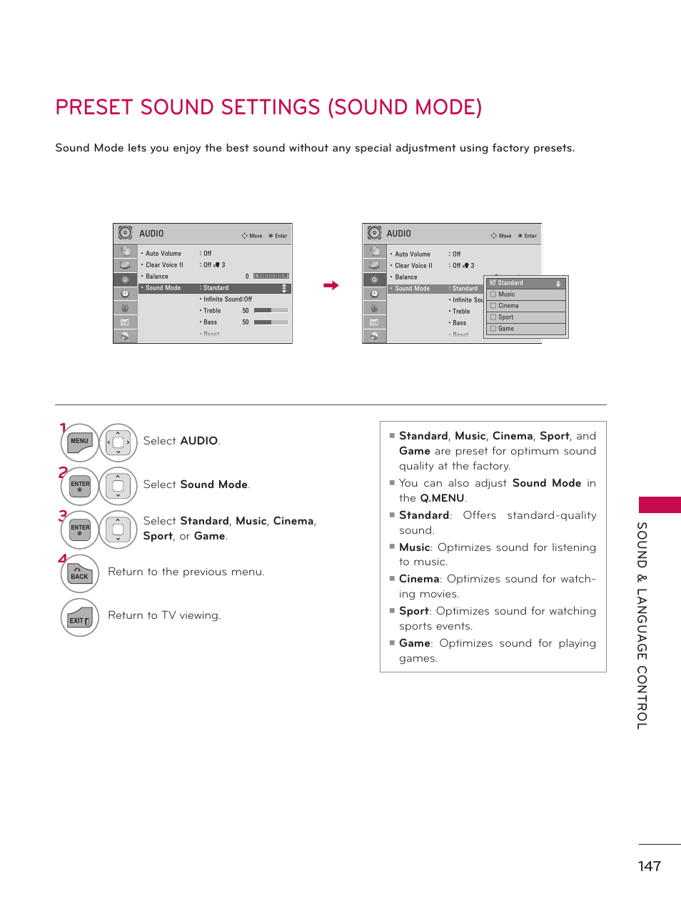Preset sound settings (sound mode) | LG 55LX9500 User Manual | Page 147 / 218