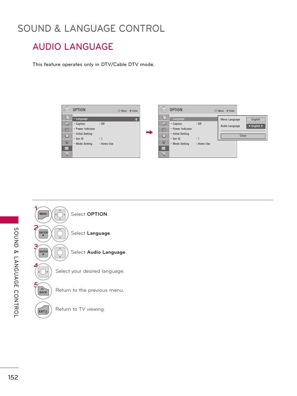 Audio language, Sound & language control | LG 55LX9500 User Manual | Page 152 / 218