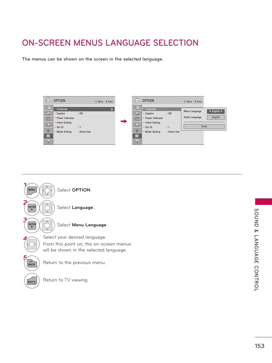 On-screen menus language selection | LG 55LX9500 User Manual | Page 153 / 218
