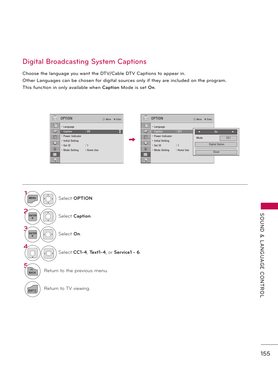 Digital broadcasting system captions | LG 55LX9500 User Manual | Page 155 / 218