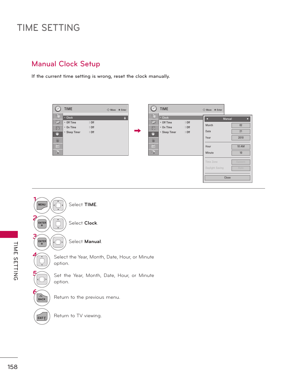 Manual clock setup, Time setting, Tim e s et tin g | LG 55LX9500 User Manual | Page 158 / 218