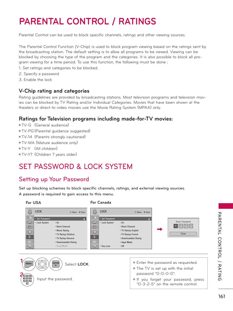 Parental control / ratings, Set password & lock system, Setting up your password | V-chip rating and categories, Tv-g (general audience), Tv-pg (parental guidance suggested), Tv-14 (parents strongly cautioned), Tv-ma (mature audience only), Tv-y (all children), Select lock | LG 55LX9500 User Manual | Page 161 / 218