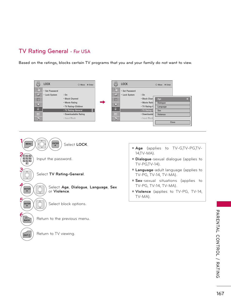 Tv rating general - for usa, Tv rating general, For usa | Age (applies to tv-g,tv-pg,tv- 14,tv-ma), Dialogue -sexual dialogue (applies to tv-pg,tv-14), Violence (applies to tv-pg, tv-14, tv-ma), Select lock, Input the password, Select tv rating-general, Select age , dialogue , language , sex or violence | LG 55LX9500 User Manual | Page 167 / 218