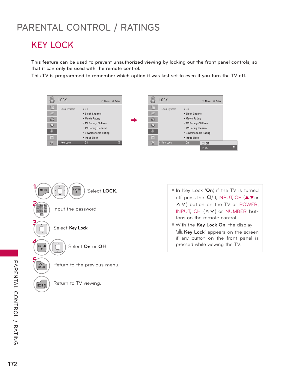 Key lock, Parental control / ratings | LG 55LX9500 User Manual | Page 172 / 218