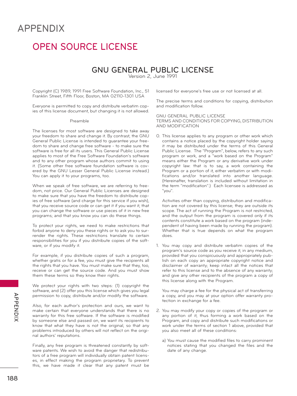 Open source license, Appendix, Gnu general public license | Ap p en d ix | LG 55LX9500 User Manual | Page 188 / 218