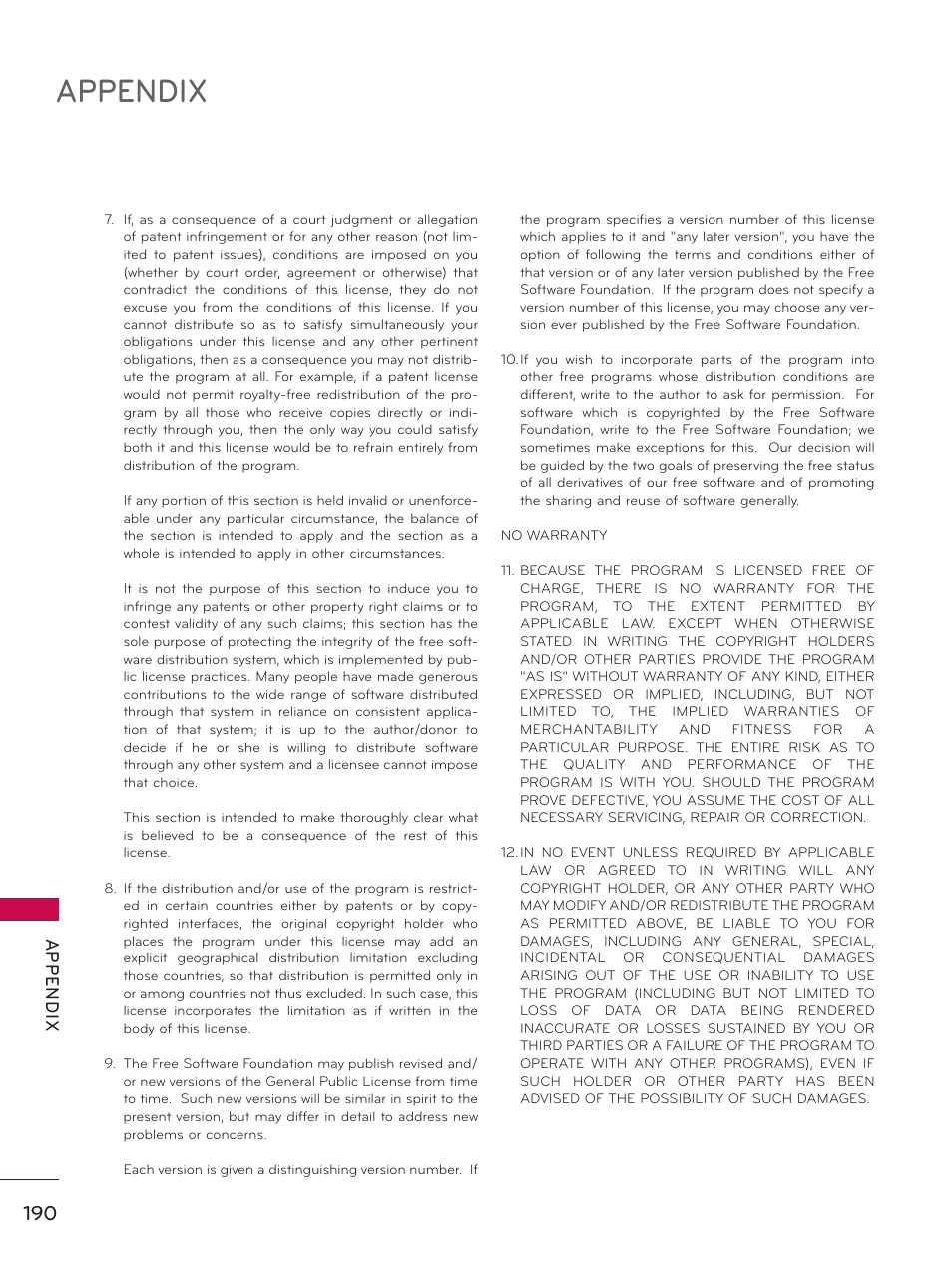 Appendix | LG 55LX9500 User Manual | Page 190 / 218