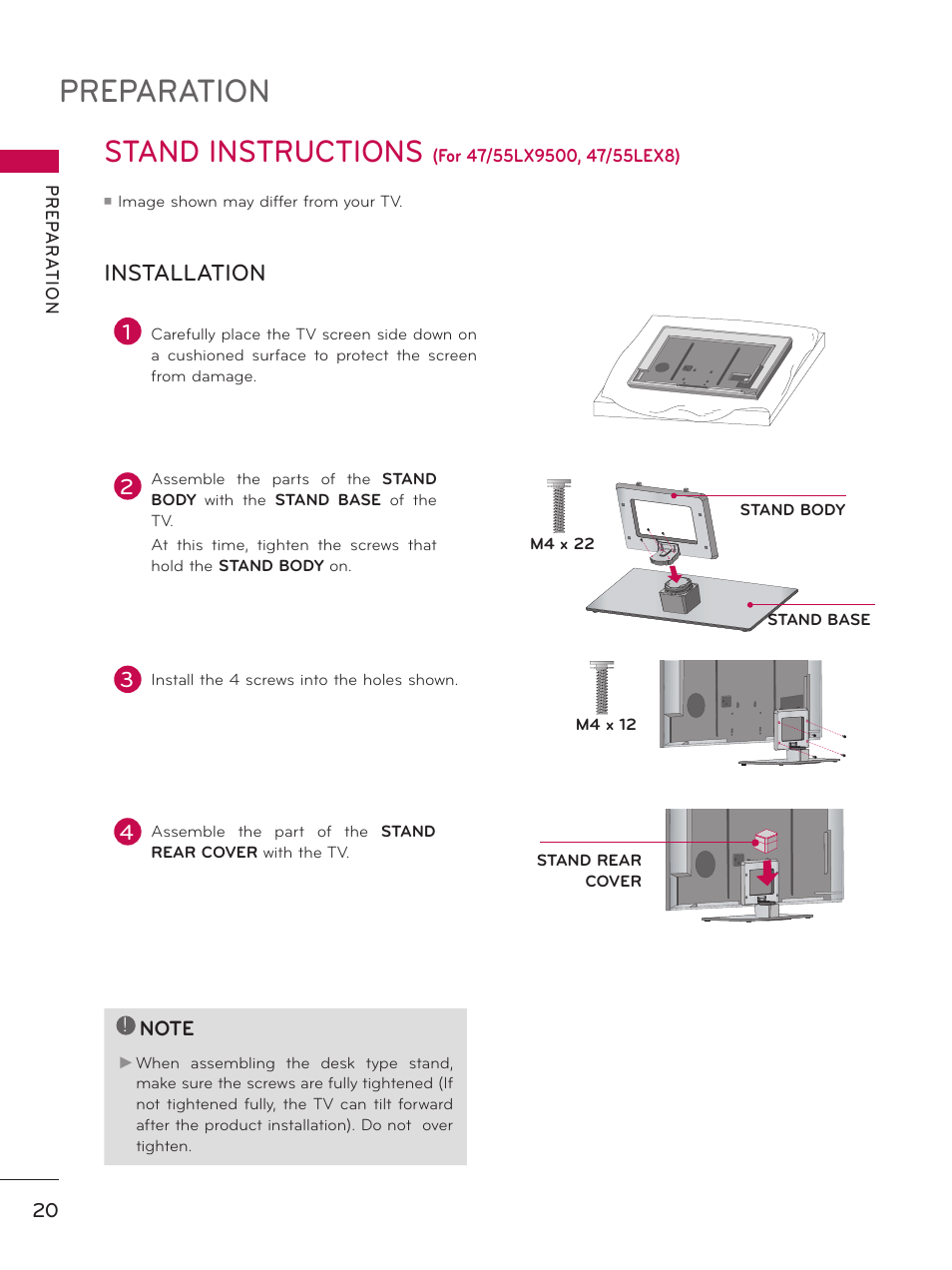 Stand instructions (for 47/55lx9500, 47/55lex8), Preparation, Stand instructions | Installation | LG 55LX9500 User Manual | Page 20 / 218