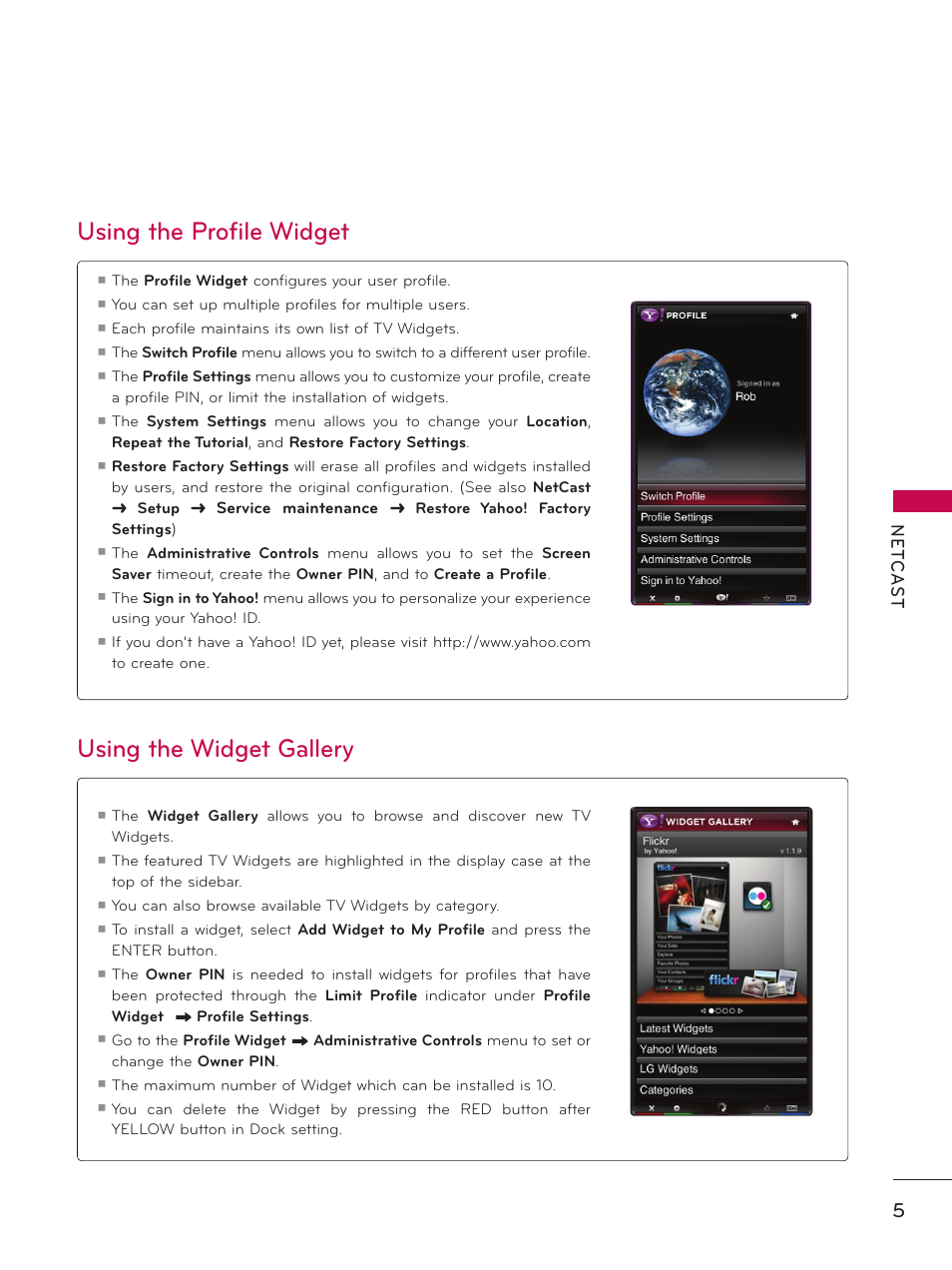Using the profile widget, Using the widget gallery | LG 55LX9500 User Manual | Page 206 / 218