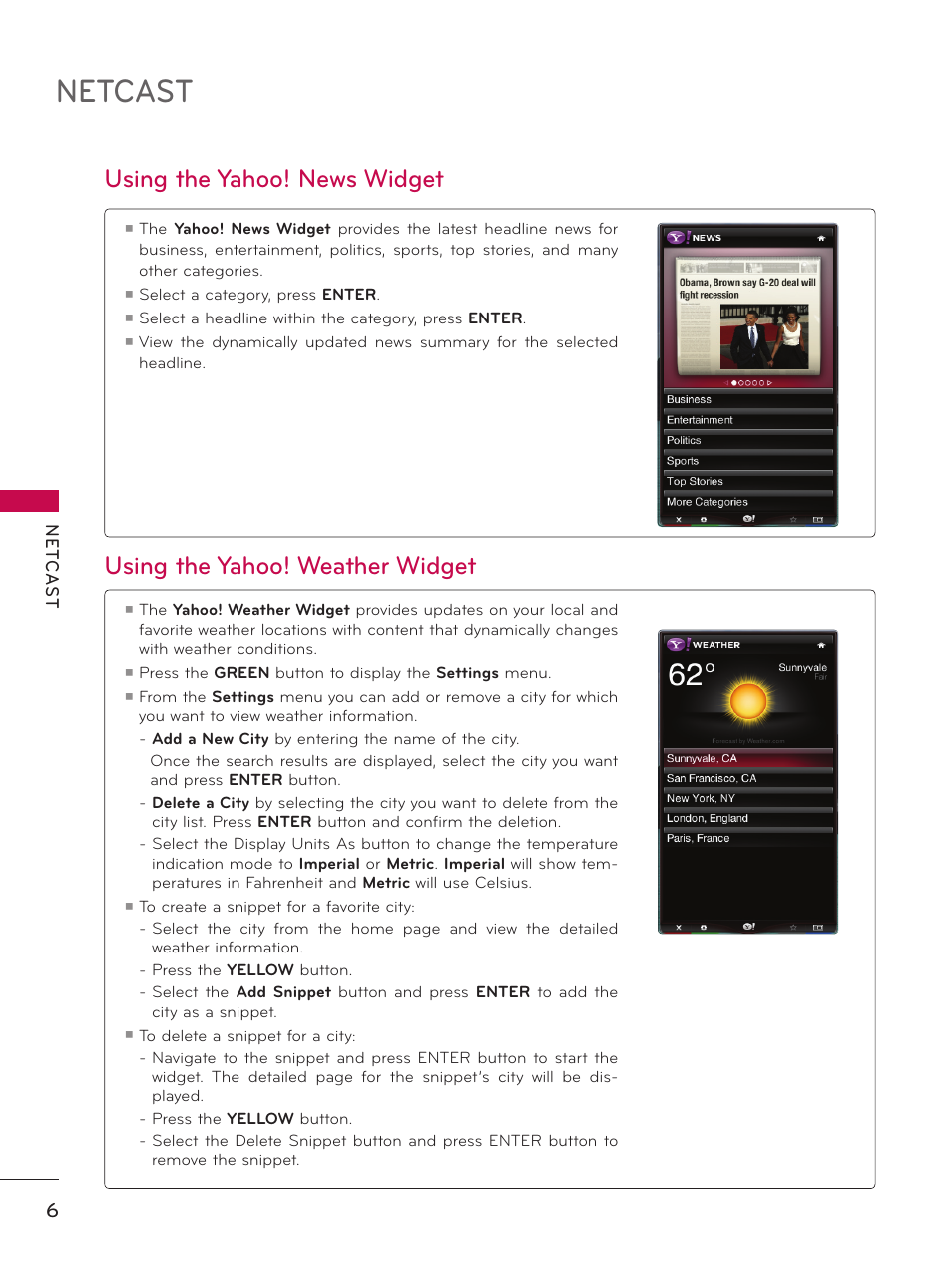 Netcast, Using the yahoo! news widget, Using the yahoo! weather widget | LG 55LX9500 User Manual | Page 207 / 218
