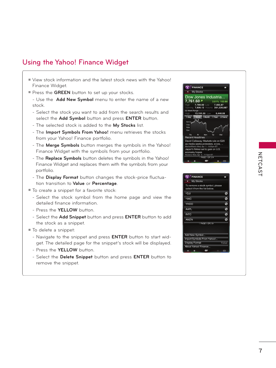 Using the yahoo! finance widget | LG 55LX9500 User Manual | Page 208 / 218