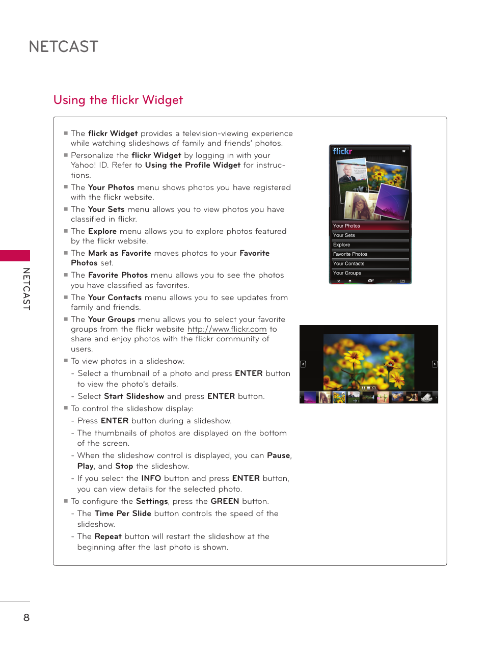 Netcast, Using the flickr widget | LG 55LX9500 User Manual | Page 209 / 218