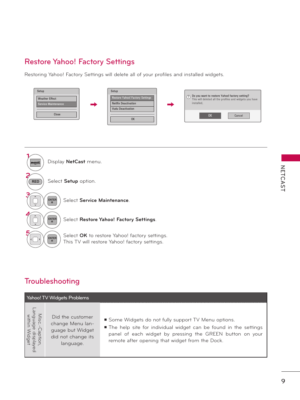 Restore yahoo! factory settings troubleshooting | LG 55LX9500 User Manual | Page 210 / 218