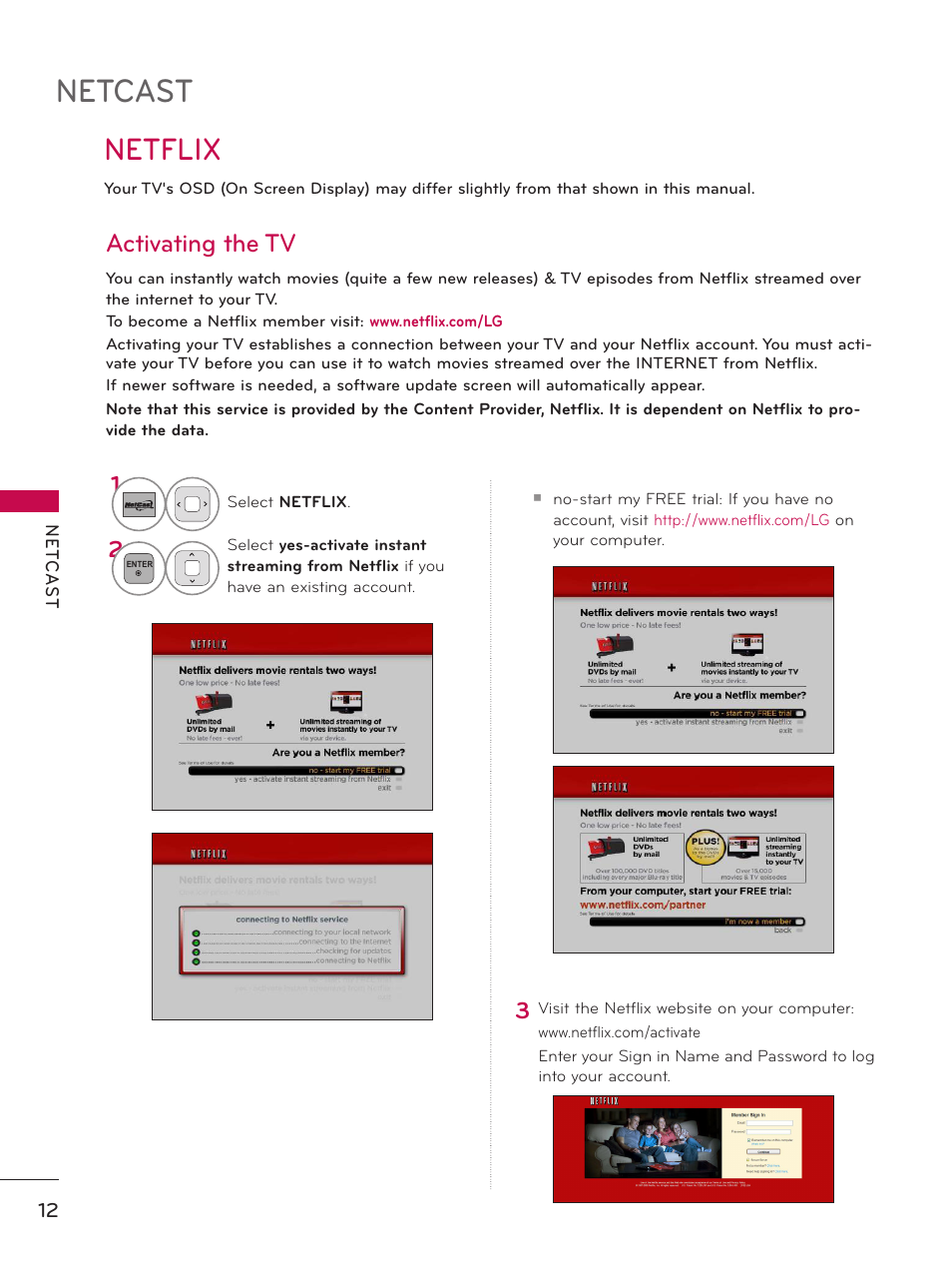 Netcast, Netflix, Activating the tv | LG 55LX9500 User Manual | Page 213 / 218