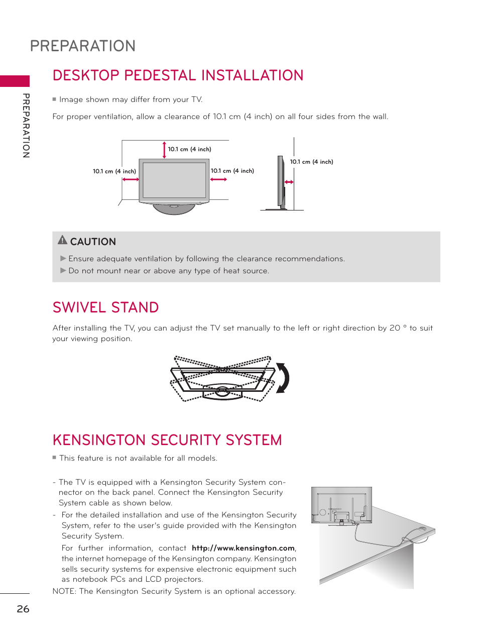 Desktop pedestal installation, Swivel stand, Kensington security system | Preparation, Desktop pedestal installation swivel stand | LG 55LX9500 User Manual | Page 26 / 218