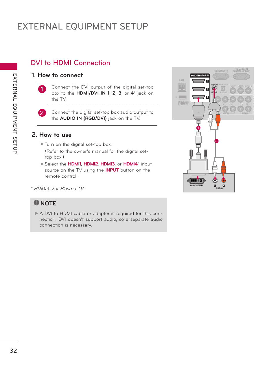 Dvi to hdmi connection, External equipment setup, How to connect | How to use, Hdmi4: for plasma tv | LG 55LX9500 User Manual | Page 32 / 218