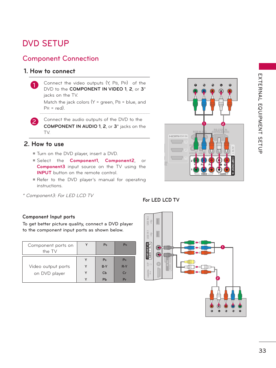 Dvd setup, Component connection, How to connect | How to use, Component input ports, For led lcd tv, Component3: for led lcd tv, Connect the video outputs (y, p, Blue, and p, Red) | LG 55LX9500 User Manual | Page 33 / 218
