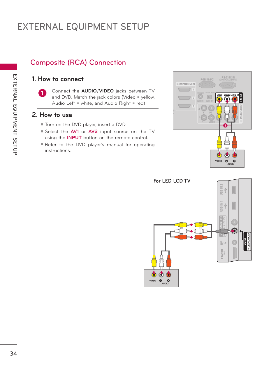 Composite (rca) connection, External equipment setup, How to connect | How to use, For led lcd tv, Turn on the dvd player, insert a dvd | LG 55LX9500 User Manual | Page 34 / 218