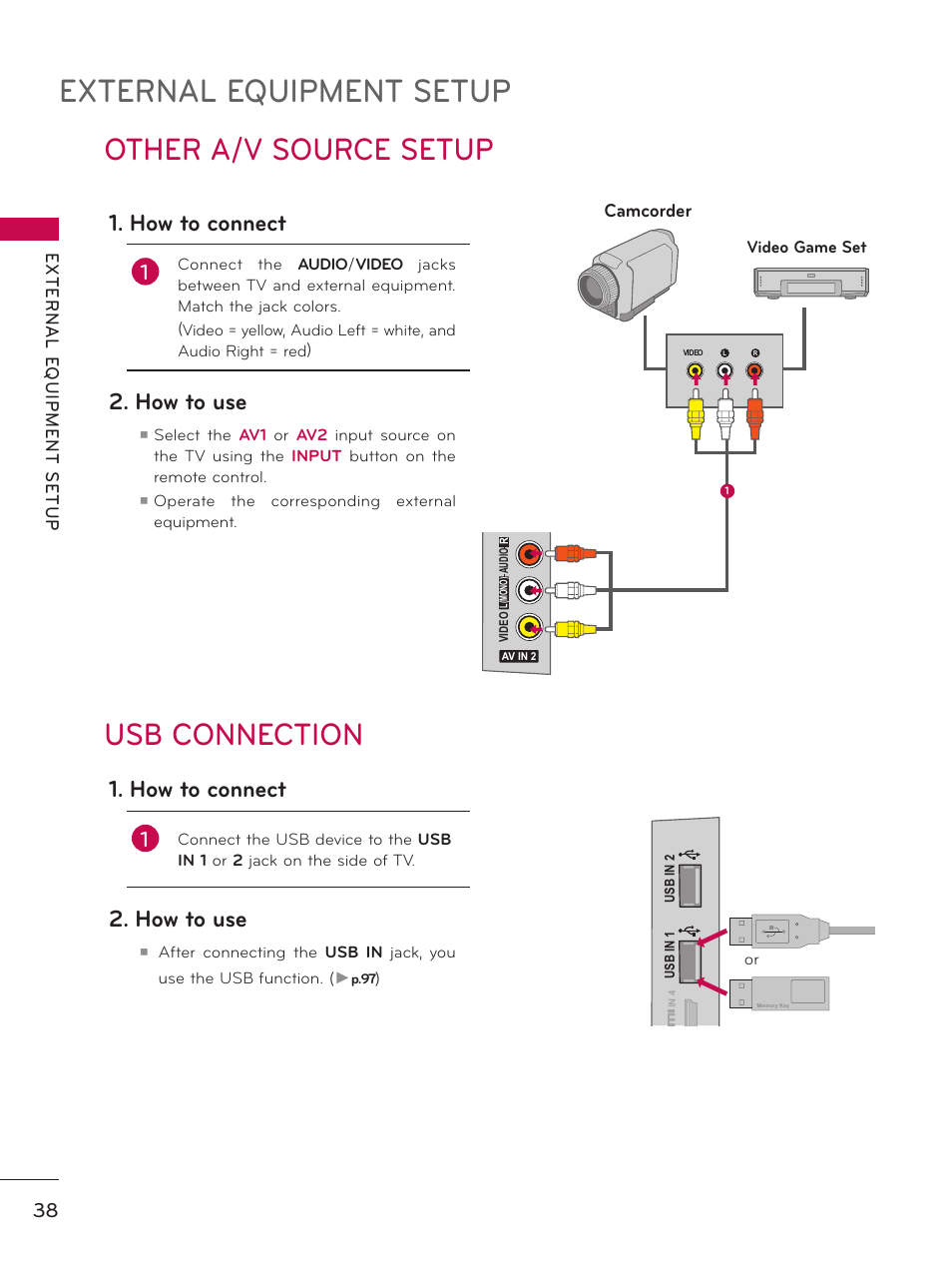 Other a/v source setup, Usb connection, External equipment setup | How to connect, How to use, Camcorder | LG 55LX9500 User Manual | Page 38 / 218