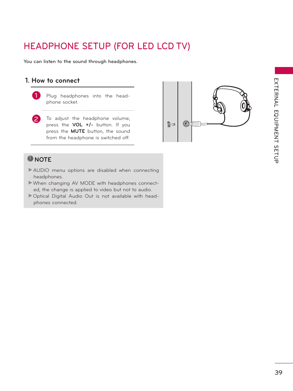 Headphone setup (for led lcd tv), How to connect | LG 55LX9500 User Manual | Page 39 / 218