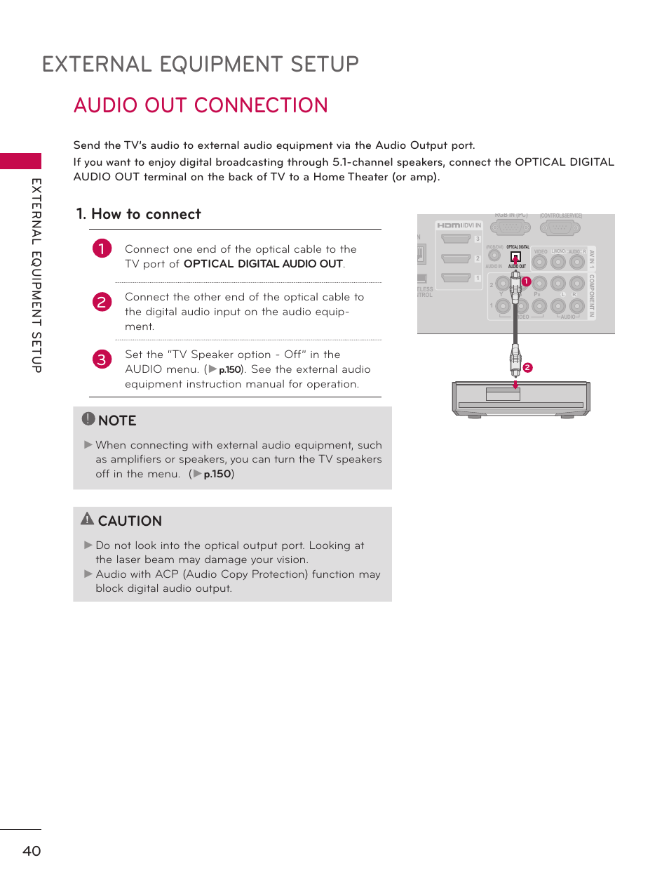 Audio out connection, External equipment setup, How to connect | Caution | LG 55LX9500 User Manual | Page 40 / 218
