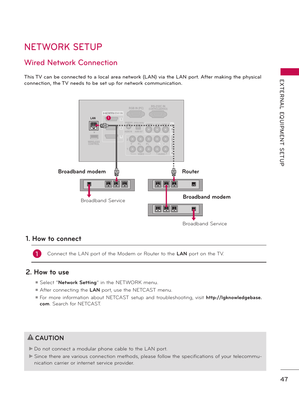 Network setup, Wired network connection, How to connect | How to use, Caution, Broadband modem, Broadband modem router | LG 55LX9500 User Manual | Page 47 / 218