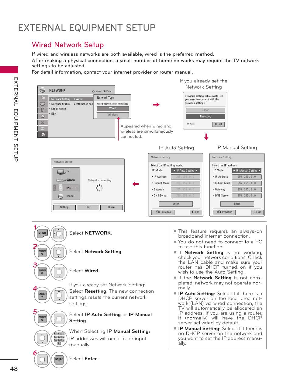 Wired network setup, External equipment setup, Select network | Select network setting, Select wired, Select ip auto setting or ip manual setting | LG 55LX9500 User Manual | Page 48 / 218