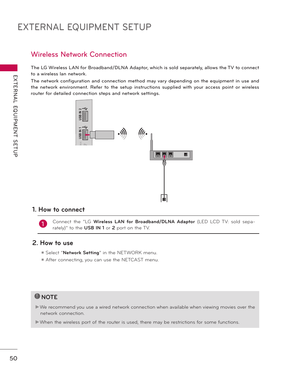 Wireless network connection, External equipment setup, How to connect | How to use | LG 55LX9500 User Manual | Page 50 / 218
