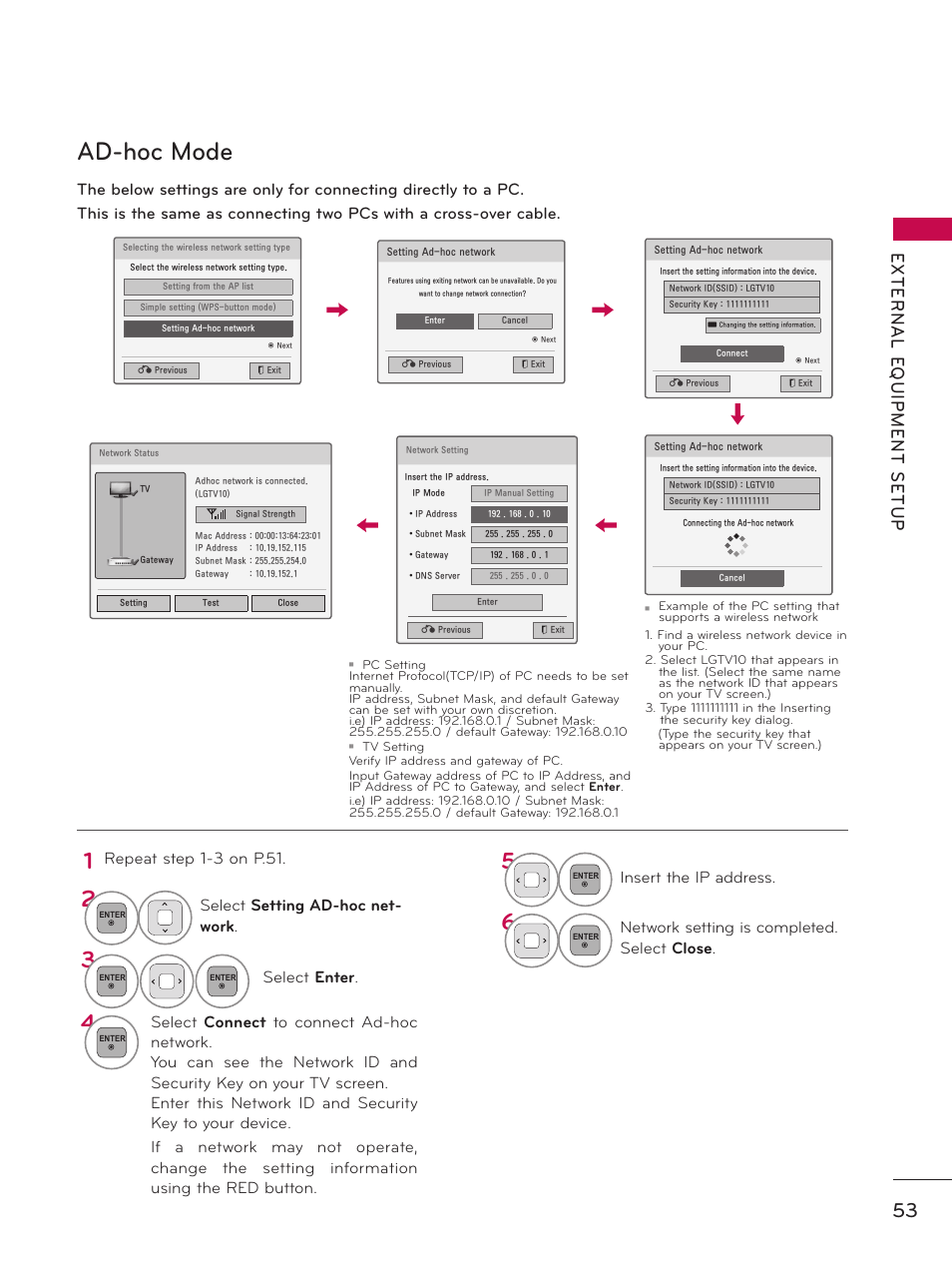 Ad-hoc mode, Repeat step 1-3 on p.51, Select setting ad-hoc net- work | Select enter, Insert the ip address, Network setting is completed. select close | LG 55LX9500 User Manual | Page 53 / 218