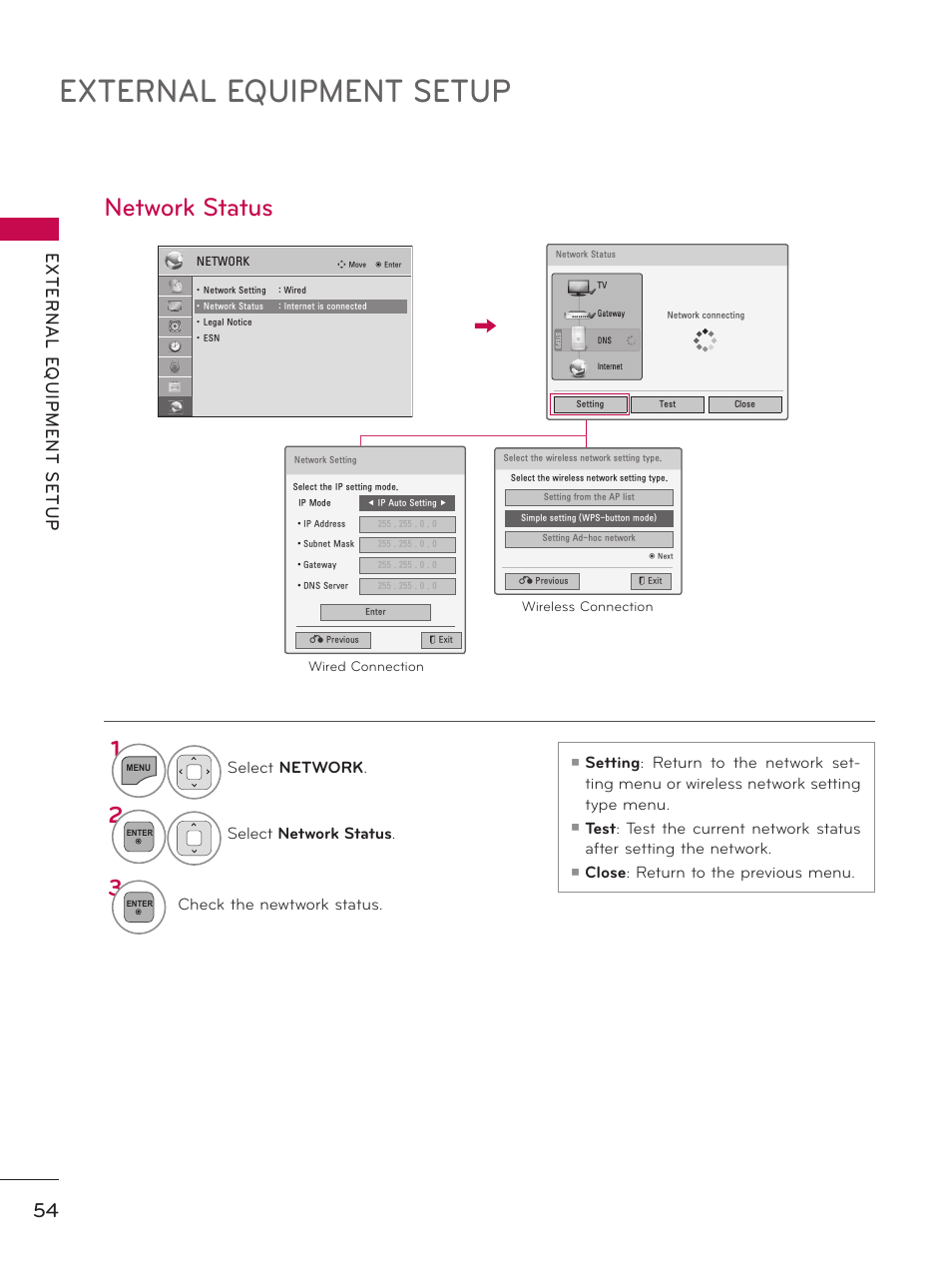 Network status, External equipment setup | LG 55LX9500 User Manual | Page 54 / 218