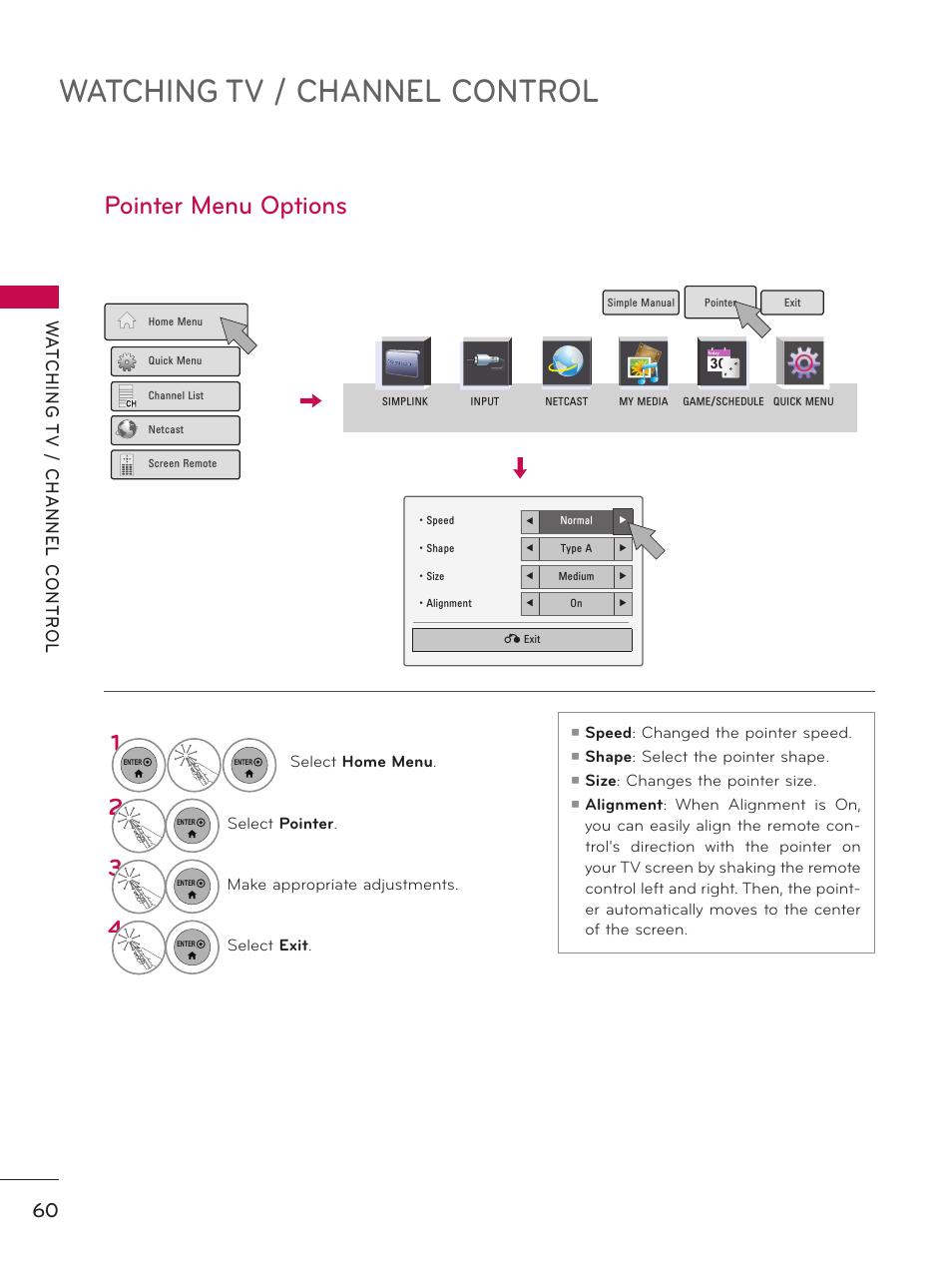 Pointer menu options, Watching tv / channel control | LG 55LX9500 User Manual | Page 60 / 218