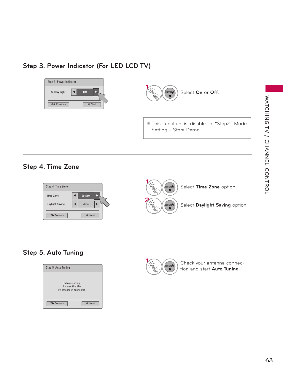 Step 4. time zone step 5. auto tuning, Step 3. power indicator (for led lcd tv) | LG 55LX9500 User Manual | Page 63 / 218