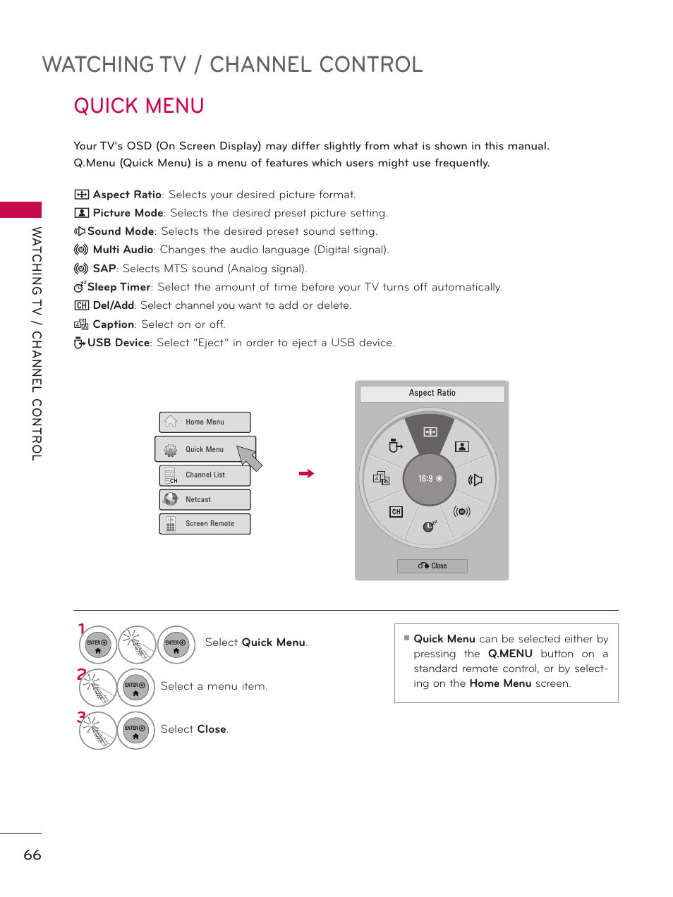 Quick menu, Watching tv / channel control | LG 55LX9500 User Manual | Page 66 / 218