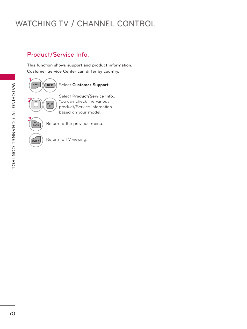 Product/service info, Watching tv / channel control | LG 55LX9500 User Manual | Page 70 / 218