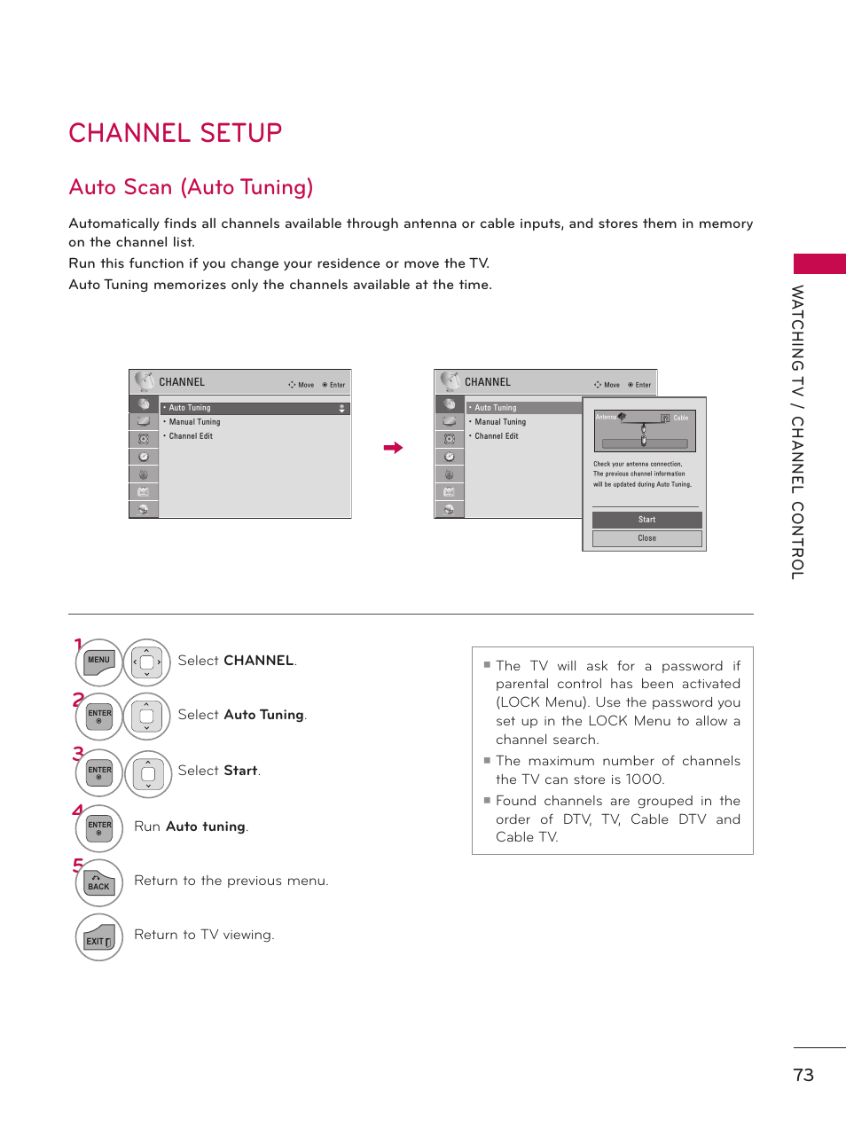 Channel setup, Auto scan (auto tuning) | LG 55LX9500 User Manual | Page 73 / 218