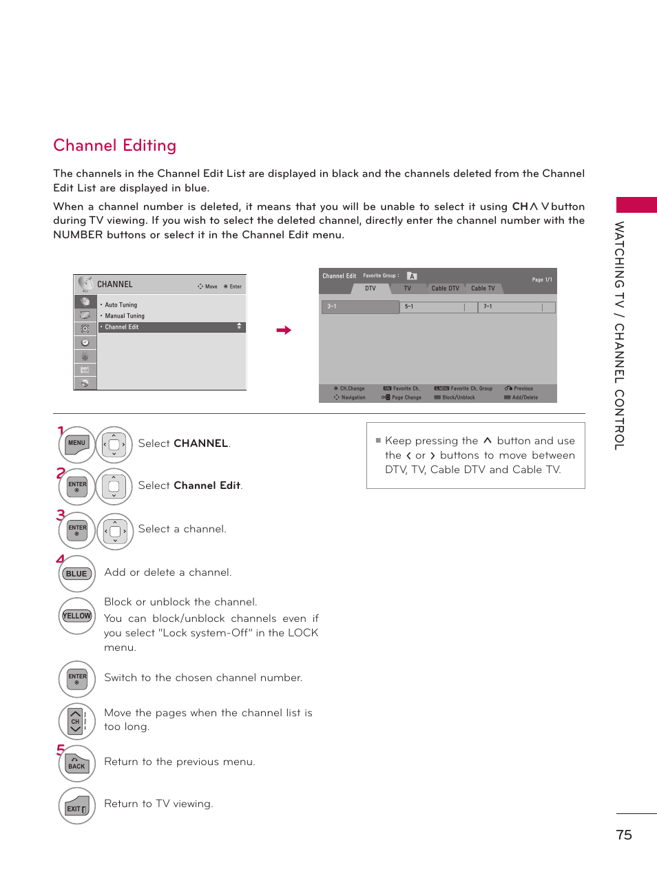 Channel editing | LG 55LX9500 User Manual | Page 75 / 218