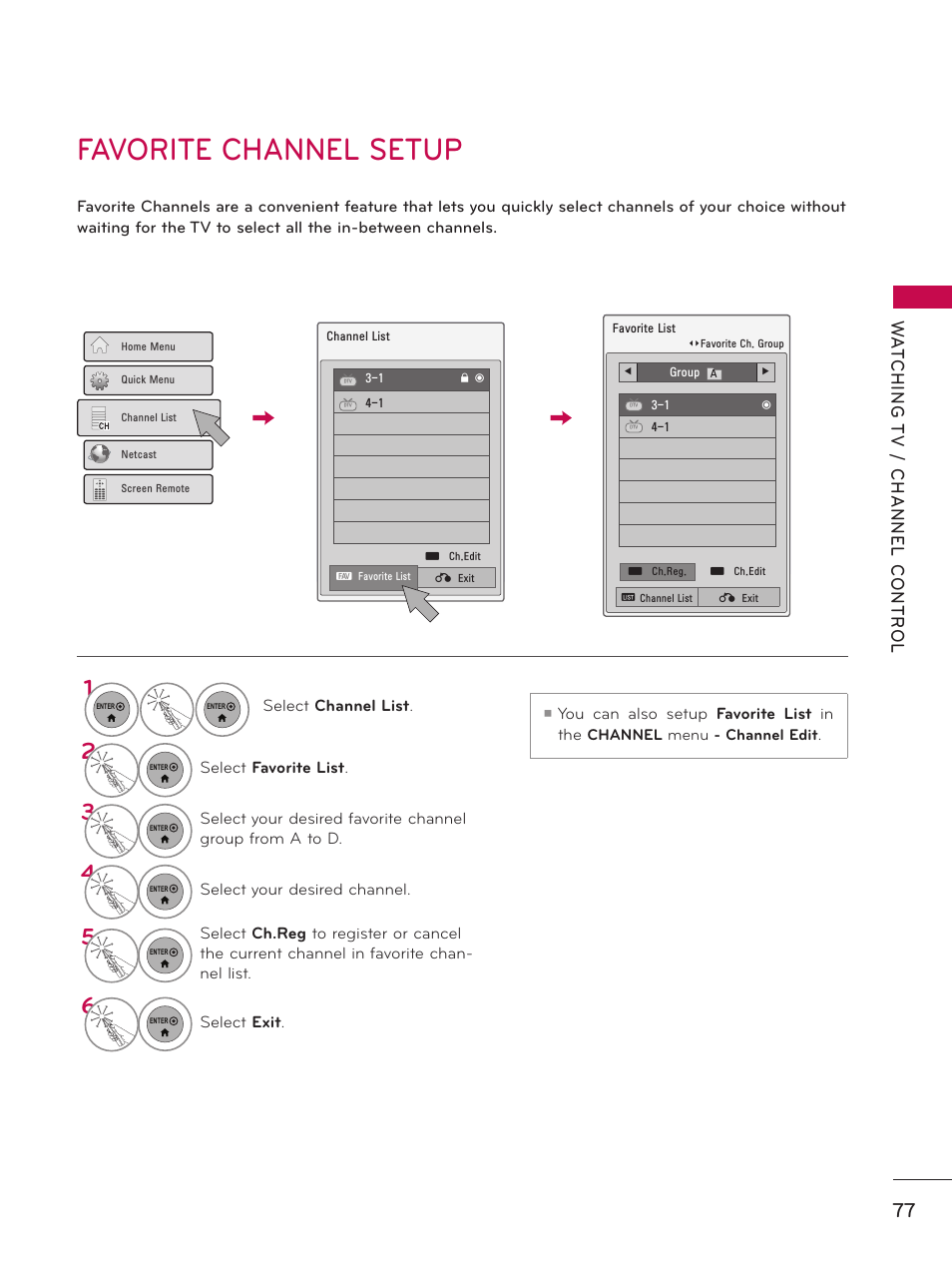 Favorite channel setup | LG 55LX9500 User Manual | Page 77 / 218