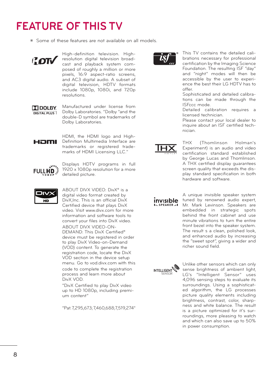 Feature of this tv | LG 55LX9500 User Manual | Page 8 / 218