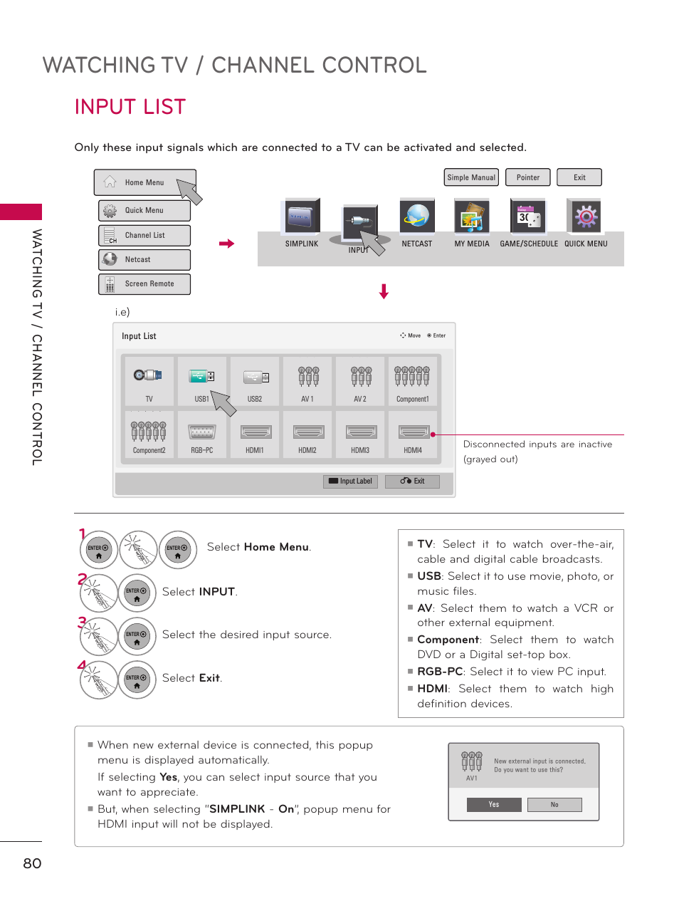 Input list, Watching tv / channel control | LG 55LX9500 User Manual | Page 80 / 218