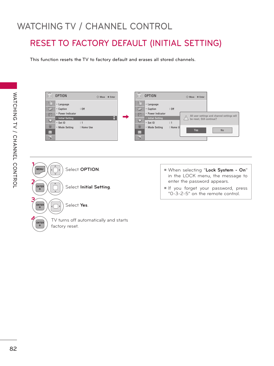 Reset to factory default (initial setting), Watching tv / channel control | LG 55LX9500 User Manual | Page 82 / 218