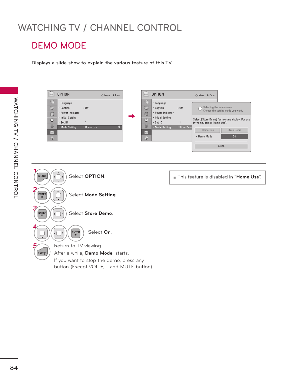 Demo mode, Watching tv / channel control | LG 55LX9500 User Manual | Page 84 / 218